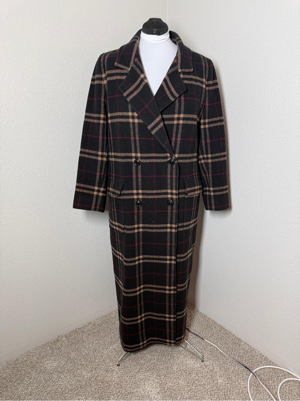 Vtg Pendleton Classic Double-Breasted Black/Brown/Red Plaid Wool Cashmere Coat 8